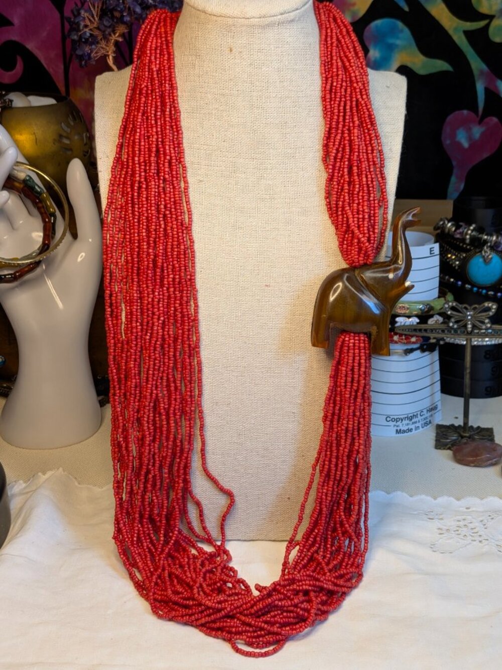 Vintage Red Seed Bead Multi Strand Necklace Carved Horn Elephant 32"